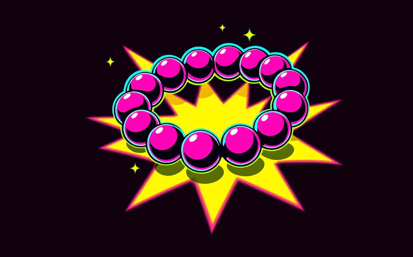 A loud kitsch pop-art emblem of an abstract fifteen-bead peptide chain in hot-magenta on a lime halftone starburst with a chunky neon offset shadow, on a deep grape ground